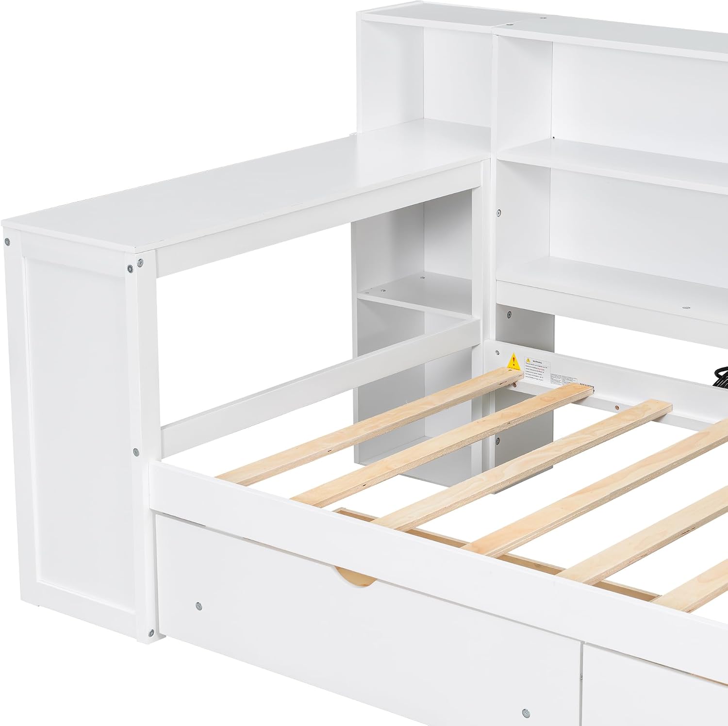 Bellemave Twin Corner Bed with Storage Shelves and Desk, Upholstered Headboard Daybed with Bookcase and Drawers，Daybed with Storage, White+Beige Cushion