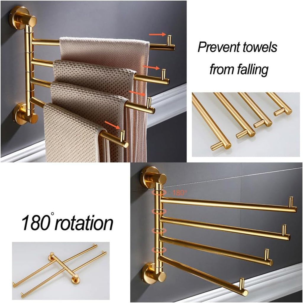 Towel Bar Vintage Swing Out Holder Wall-Mounted/Black Gold Swivel Towel Rack Hanger Organizer for Bathroom,Kitchen,Folding Arm Swivel Hanger Bathroom Stora gold-4bars