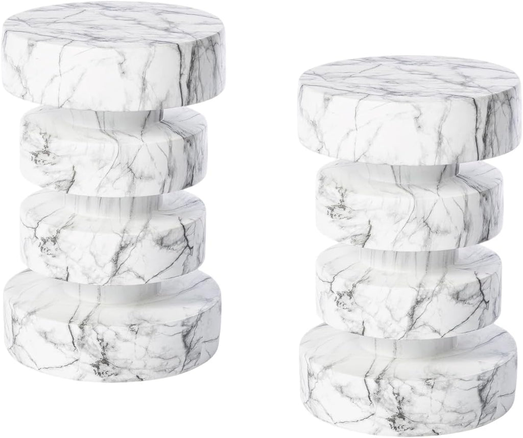 Glitzhome Faux Marble Side Table Set of 2, 18' H Modern Faux Marble End Table, MGO Floating Accent Stool or Nightstand for Living Room, Bedroom, Office, Entryway and Small Spaces