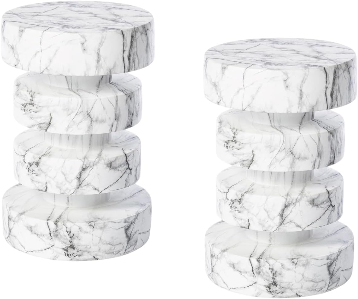 Glitzhome Faux Marble Side Table Set of 2, 18' H Modern Faux Marble End Table, MGO Floating Accent Stool or Nightstand for Living Room, Bedroom, Office, Entryway and Small Spaces