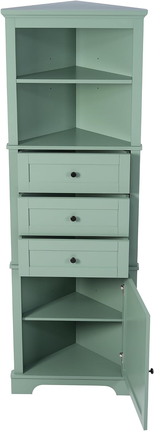 Corner Storage Cabinet with Adjustable Shelves, 68.9 in Tall | MDF, painted finish, adjustable shelves, corner fit, enclosed storage, bathroom, kitchen, 23 W x 13.4 D x 68.9 H in