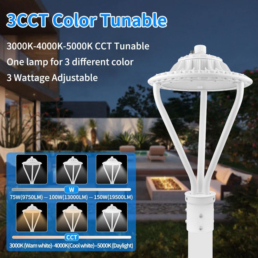 LED Post Top Light 75/100/150W Adjustable 19500 LM 3000/4000/5000K LED Circular Area Light Outdoor Pole Lights with Photocell, IP67 Parking Lot Lights Fixture Commercial Lighting, 100-277V