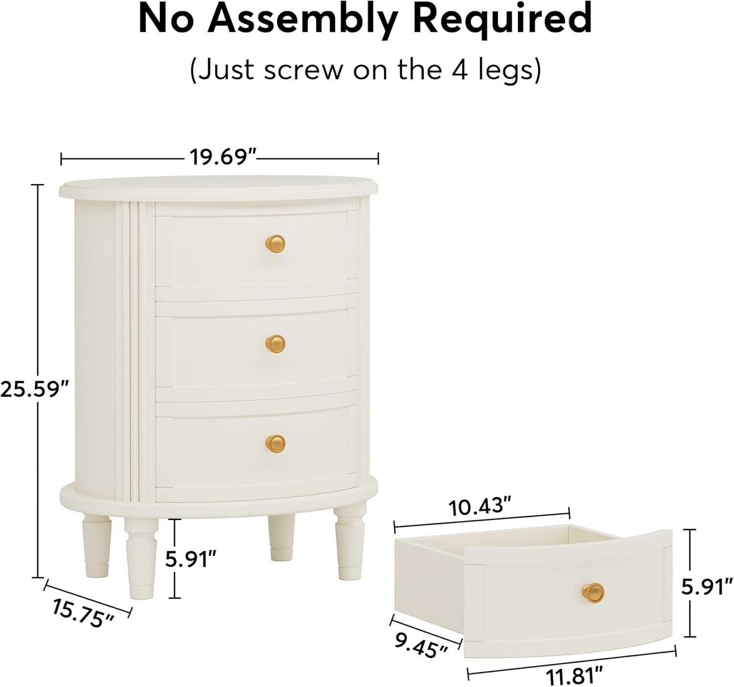 Tribesigns Nightstand with 3 Drawers, Oval Bed Side Table for Bedroom, Fully Assembled, Farmhouse Night Stand with Storage, Wooden Side End Table with Solid Wood Legs for Living Room, Beige White
