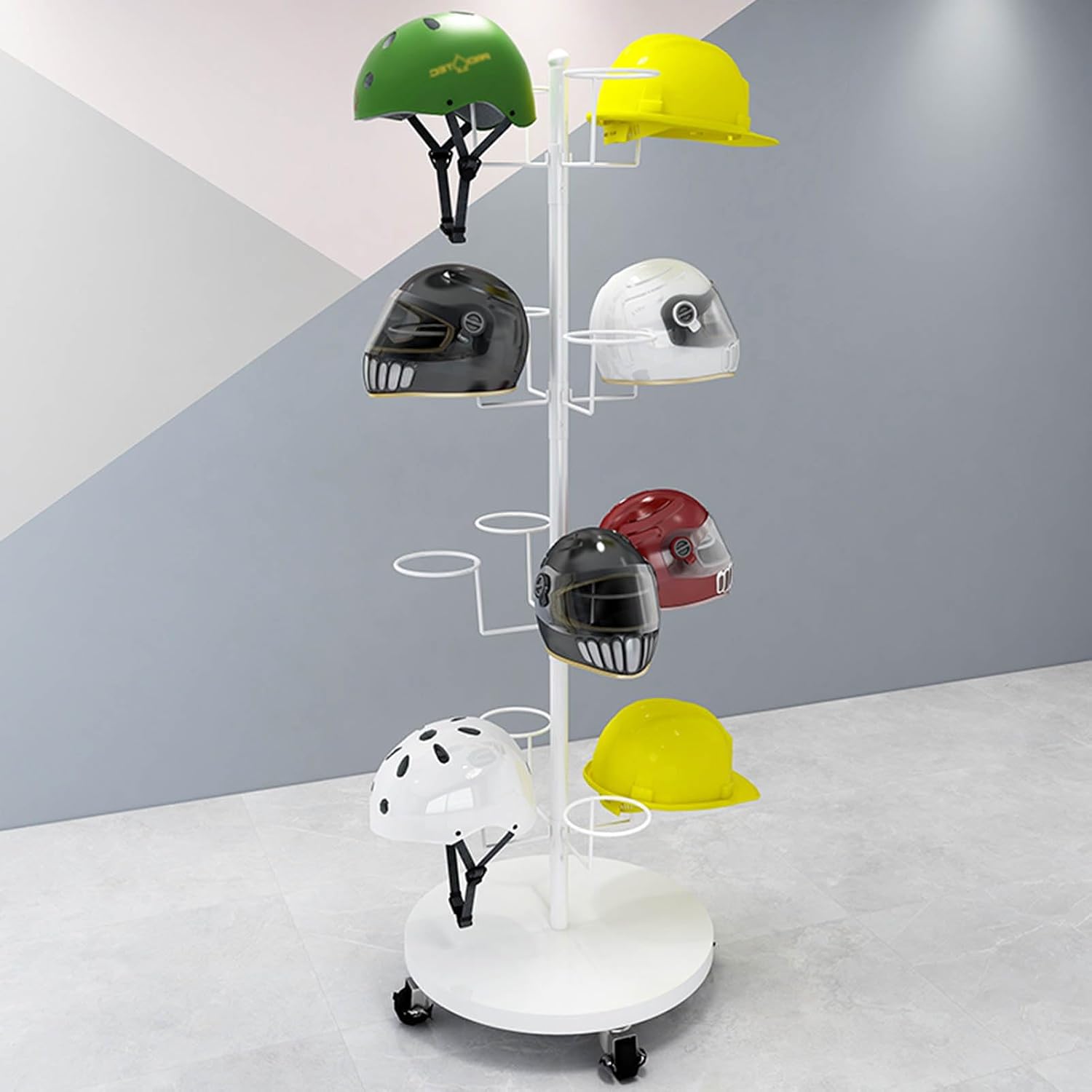 Hat Rack Helmet Stand Adjustable Swivel Hat Organizer Rack - Mobile Metal Hat Display Stand for Motorcycle Helmet, Commercial Floor Standing, Modern Baseball Cap and Fedora Hat Rack, Hard Hat Storage