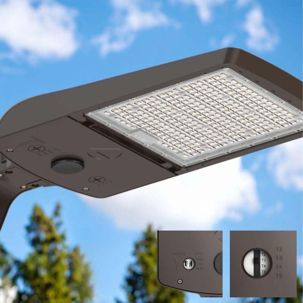 Lithonia Lighting LED Outdoor Area Light Fixture, LED Parking Lot Light with Adjustable Brightness, 3-in-1 Selectable White Color, 4-in-1 Switchable Distribution, UVOLT, Wall or Pole Mount, Bronze