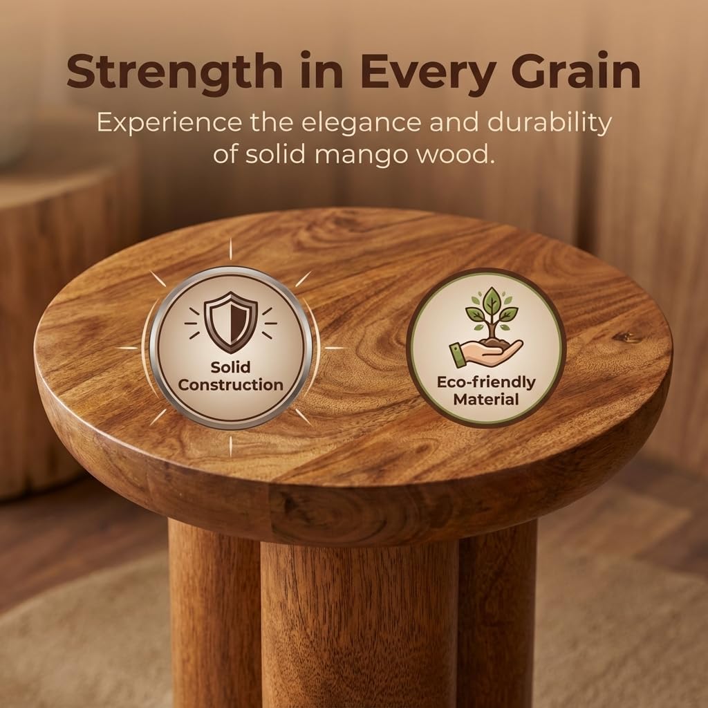 Relso Gaia Round End Table for Living Room and Farmhouse | Solid Mango Wood for Rustic Elegance | Ideal for Side Tables, Nightstands & More | Wood Side Table Round for Bedroom (Walnut)
