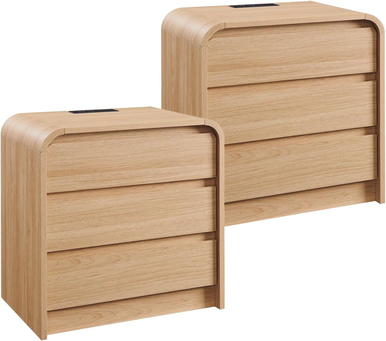 Aitjunz 25' Tall Modern Nightstand Set of 2, 23.6' Wide Wood Bedside Table with Charging Station, 3 Storage Drawers Side Table w/Curved Profile Design,End Table for Bedroom, Natural Oak