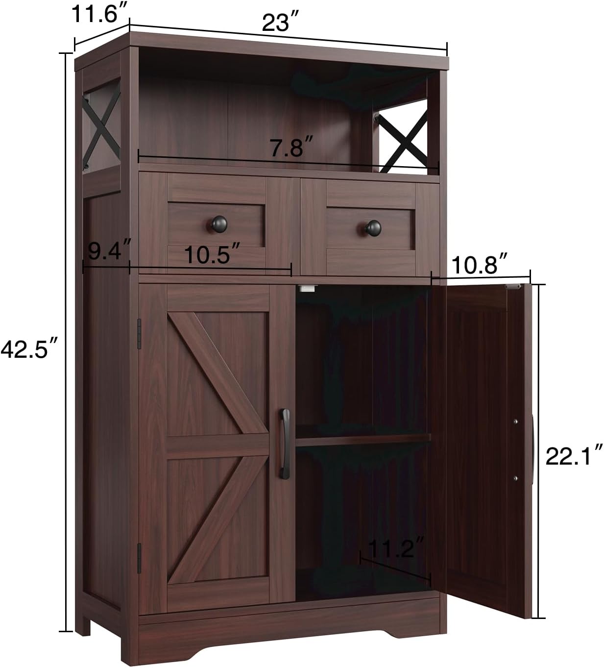 Dark Brown Storage Cabinet with Doors and Shelves - Farmhouse Kitchen Pantry Cabinet with Storage, Coffee Bar Station, Hutch Cupboard for Kitchen, Living Room, Home Office, Dining Room