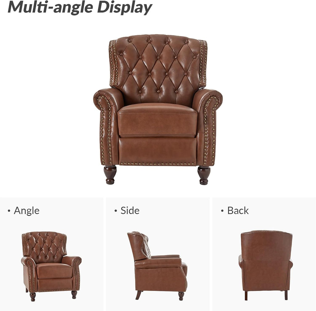 HULALA HOME Genuine Leather Recliner Chair Set of 2 w/Solid Wood Feet, Modern Adjustable Tufted Push Back Arm Chair w/Rivet Decoration, Home Theater Seating Reclining Sofa for Living Room, Brown