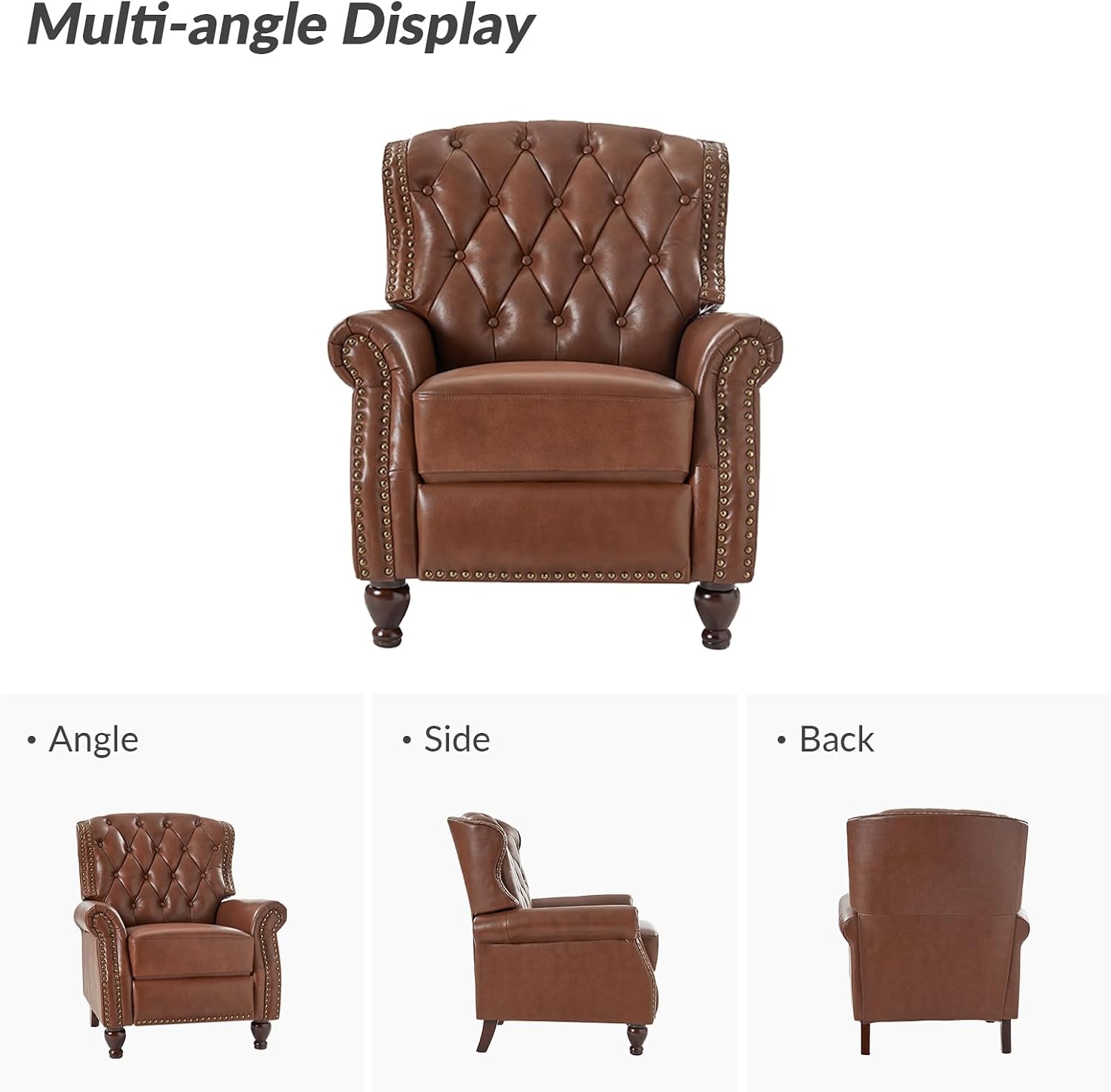HULALA HOME Genuine Leather Recliner Chair Set of 2 w/Solid Wood Feet, Modern Adjustable Tufted Push Back Arm Chair w/Rivet Decoration, Home Theater Seating Reclining Sofa for Living Room, Brown