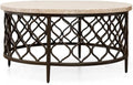 BOWERY HILL Round Coffee Table, 36 in White Stone Top with Bronze Powder Coated Metal Base, Metal Fretwork Design, Modern Style Living Room Table