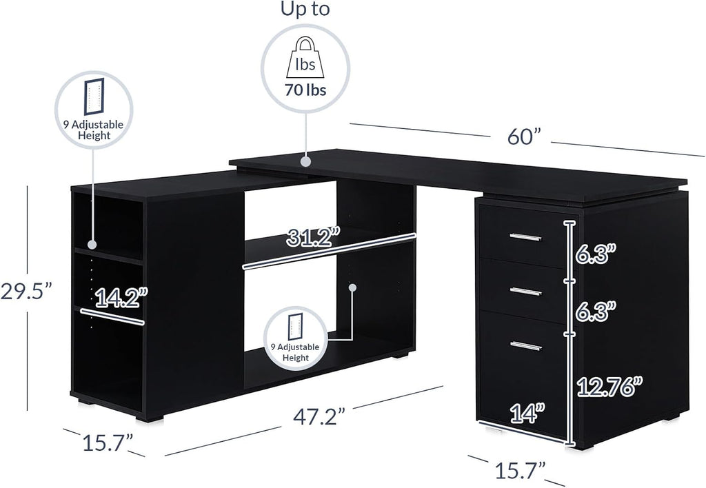 BELLEZE L Shaped Computer Desk, 60' Study Writing Table Home Office Desk Morden Corner Workstation Setup with Adjustable Storage Shelves and 3 Drawers, Black