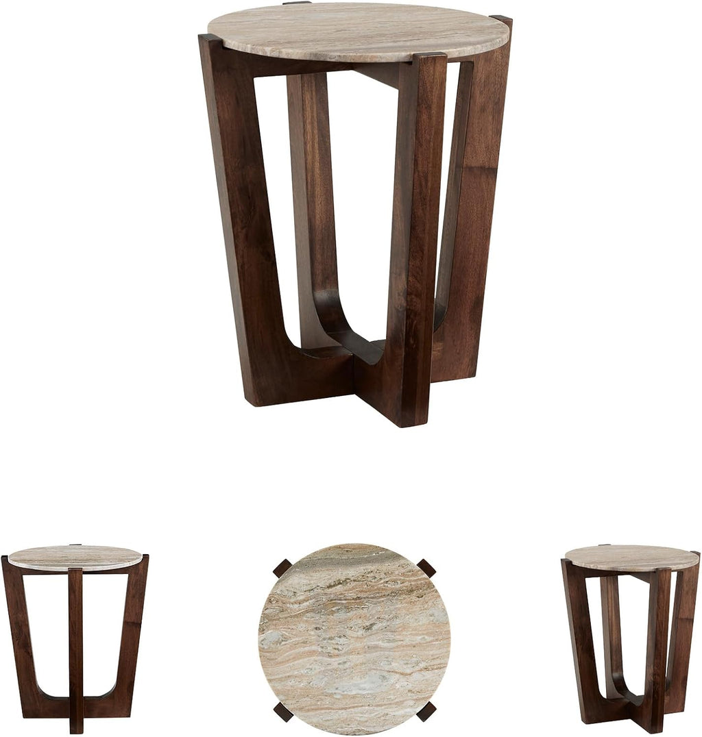 Signature Design by Ashley Tanidore Casual Marble Tabletop End Table with Cross Legs, Light Brown & Dark Brown