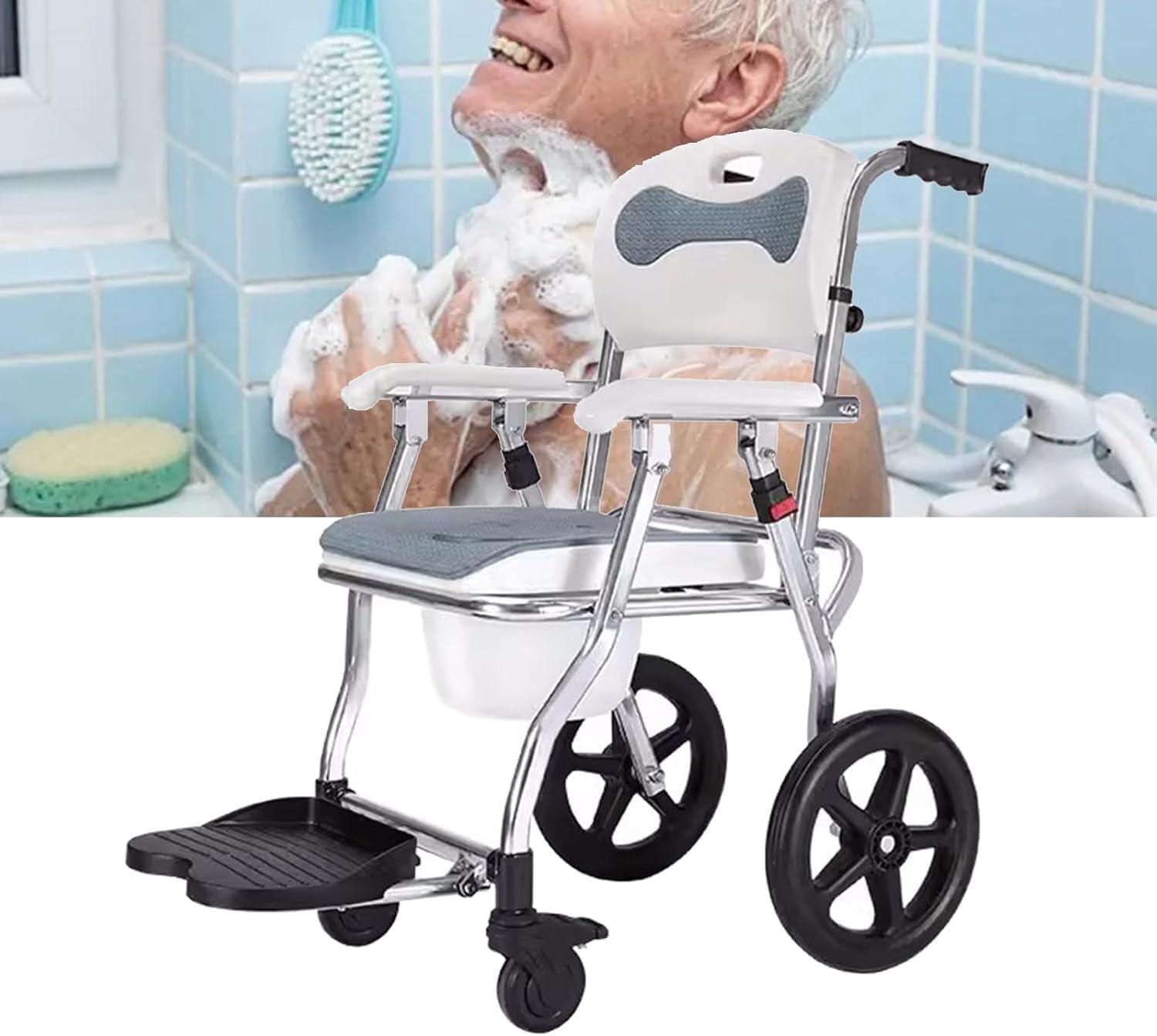 Heavy Duty Bath Chair with Removable Commode Shower Wheelchair for Seniors, Disabled,3 in 1 Foldable Shower Wheelchair Rolling Shower Chair,