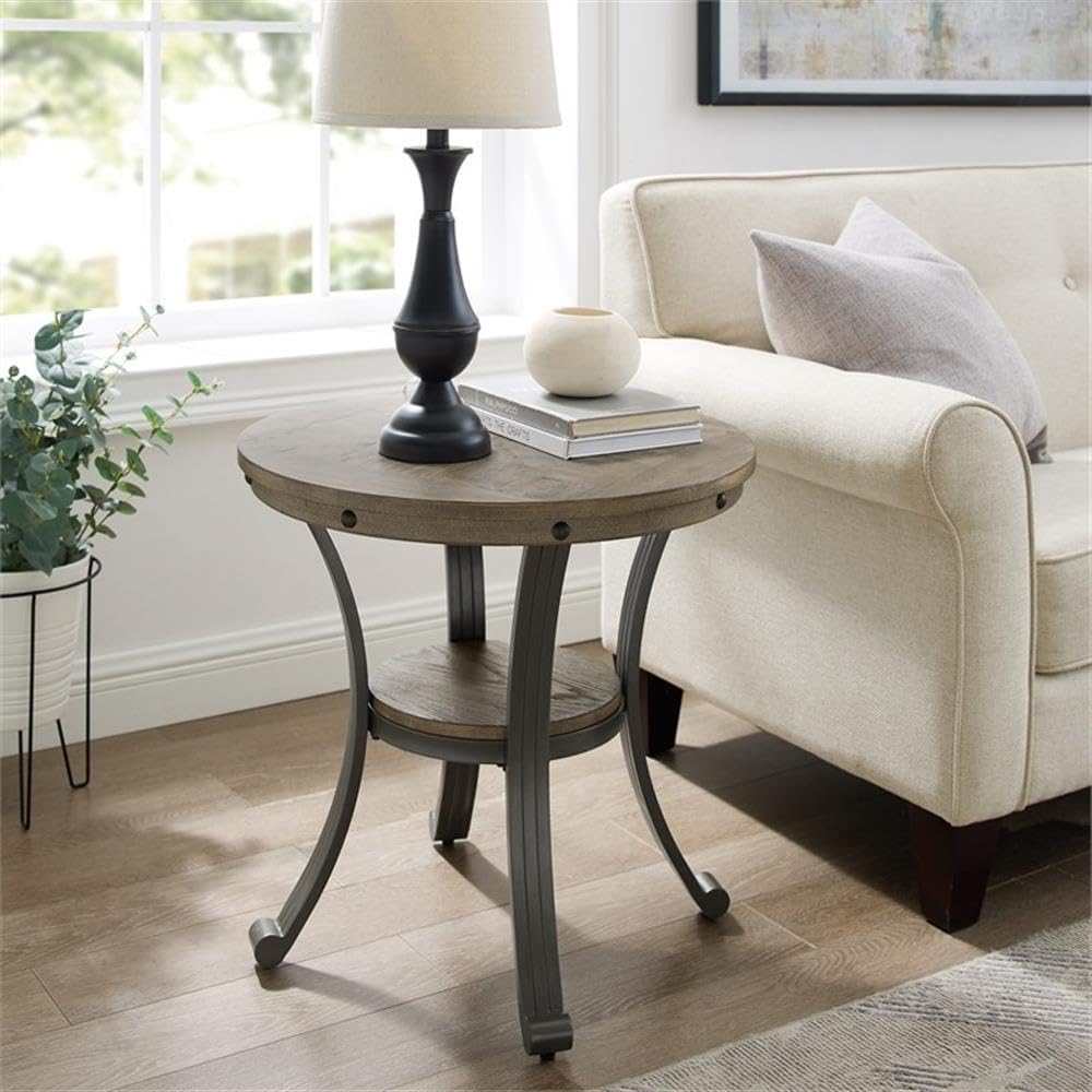 Pemberly Row Round Side Accent Table, 24 in Metal and Wood, Pewter and Champagne Finish, Inlay Design, Lower Storage Shelf, Industrial Style End Table for Living Room or Family Room Use