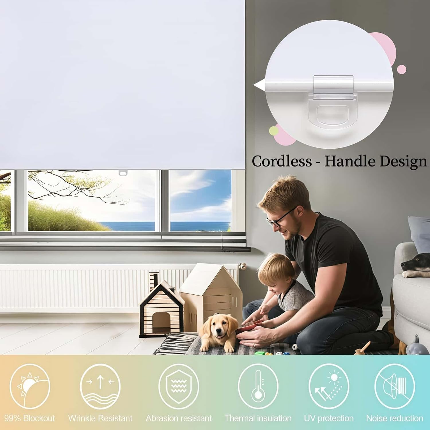 Cordless Roller Shades Room Darkening with Spring System Rolled Up Shades Blackout Blinds Door Windows Blinds for Home and Office UV Protection Window Blind.White.43 W x 104' H