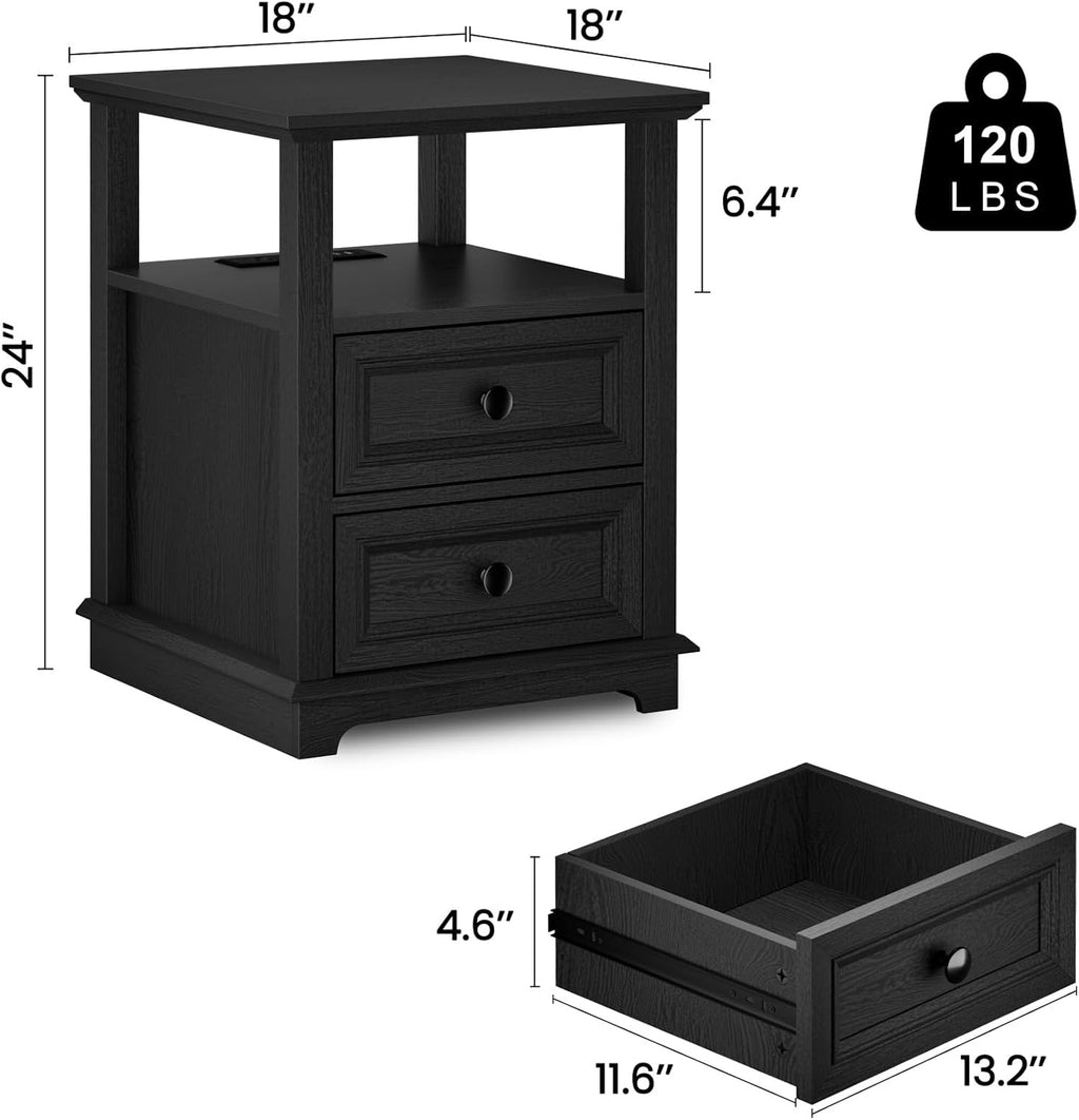 REDAYFUR End Table with Fast Charging Station Set of 2, 18' Wide Sofa Side Table with Drawers, Large Storage Rustic Wood Square Storage Cabinet for Living Room