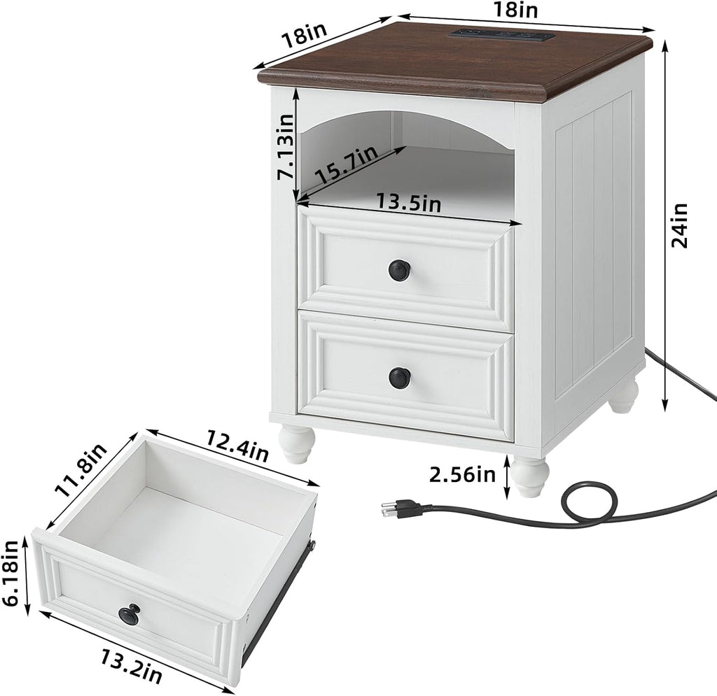 RWYHG 18' Farmhouse Night Stands Set of 2 with Charging Station, Wooden Nightstand with 2 Drawers, Bedside End Table with Storage, Bed Side Tables Cabinet for Bedroom, Living Room, and Closet(White)