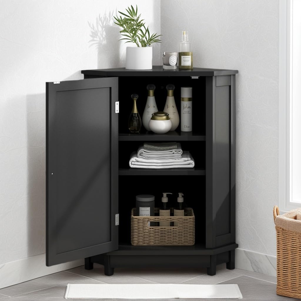 Floor Corner Cabinet with Doors and Adjustable Shelves, Freestanding Bathroom Corner Storage Cabinet for Bathroom, Living Room (1 Door, Black)