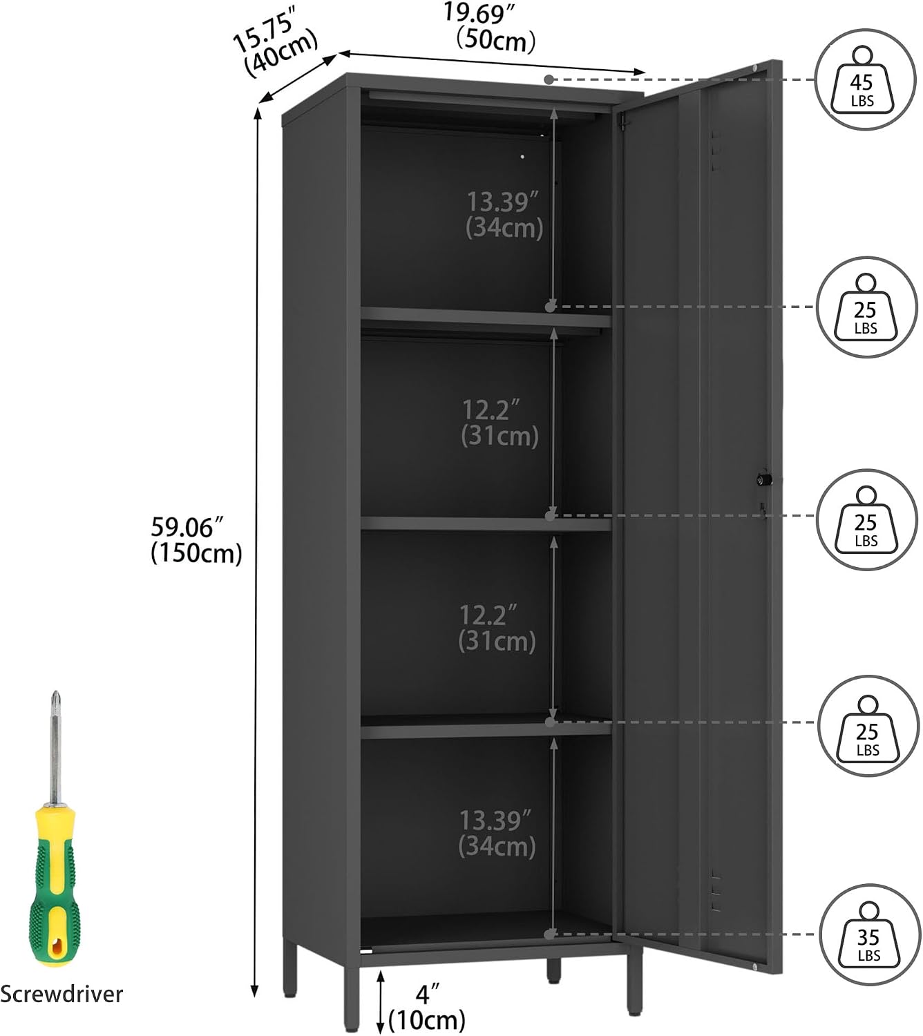 Steehoom Metal Storage Cabinet with Lock, Lockable Metal Single Door Cabinet Steel File Locker with 3 Adjustable Shelves 59.06-inch high for School, Living Room, Home, Office, Pantry (Black, H59.06'')