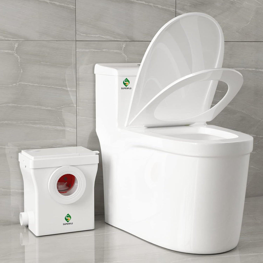 SUPERFLO Upflush Toilet Basement with 600W Macerating Toilet System | One Piece Macerator Toilet & AC Vent Pump Max Pumping to V26.2 & H262 Feet 3 Inlets for Bathroom Sink & Tub
