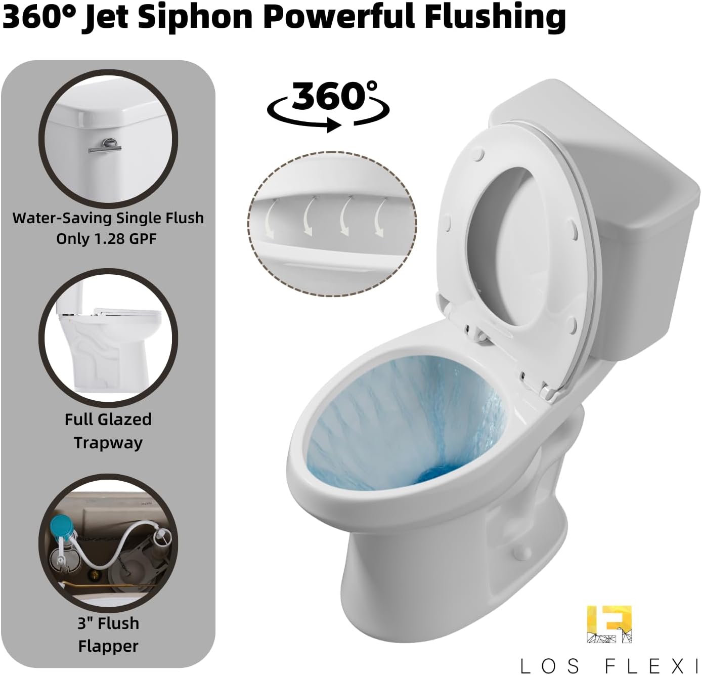 Tall Toilets For Seniors 21 Inch, Los Flexi Comfort & High Toilet, Elongated Bowl and Soft-Close Seat, 1.28 GPF Extra Tall Handicap Toilet with Efficient Siphonic Flush & 12' Rough-In