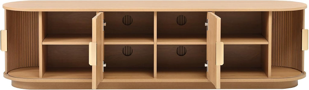 SOFTSEA 66.9' Fluted TV Stand for 75'+ TV, Farmhouse Media Console with Sliding Tambour Doors, Adjustable Shelf & Rounded Edges, Low-Profile Entertainment Center for Living Room, Natural