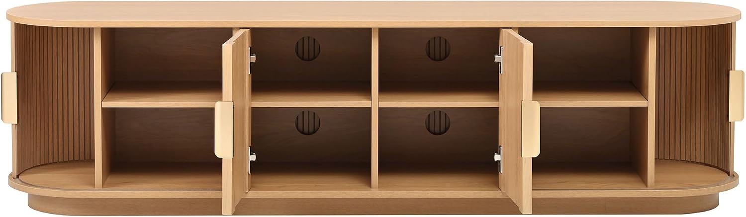 SOFTSEA 66.9' Fluted TV Stand for 75'+ TV, Farmhouse Media Console with Sliding Tambour Doors, Adjustable Shelf & Rounded Edges, Low-Profile Entertainment Center for Living Room, Natural