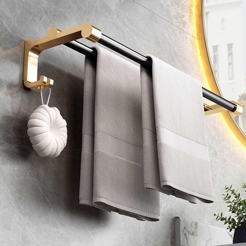 Towel Bar Towel Rack for Bathroom Double Towel Bar Black and Gold Aluminum Wall Mounted Towel Rack Shower Towel Holder Hanging Rack Bathroom Accessories Towel Shelf Towel