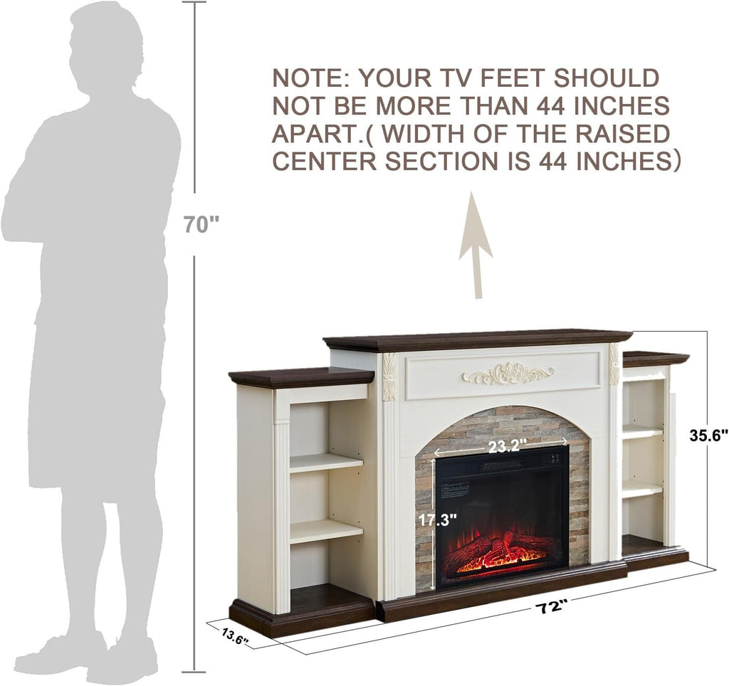 72' Electric Fireplace with Mantel, White TV Stand for TVs Up to 80 Inch, Farmhouse Entertainment Center with Storage for Bedroom,23'' Fireplace Insert Heater for Living Room