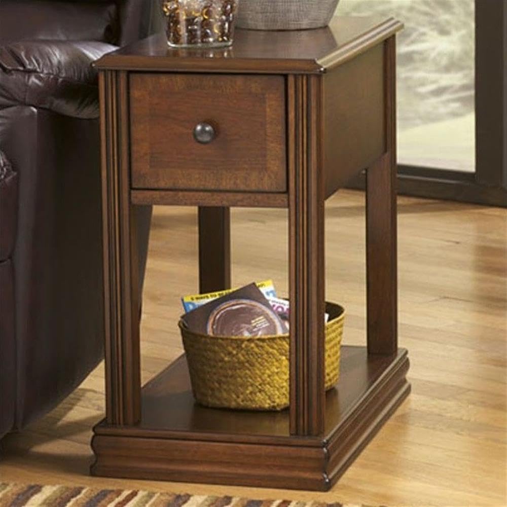 BOWERY HILL Contemporary Veneer Wood End Table, Cherry Finish, 23' H x 13' W x 22' D, Hardwood Solids, Drawer Storage, Modern Living Room Accent Table with Shelf