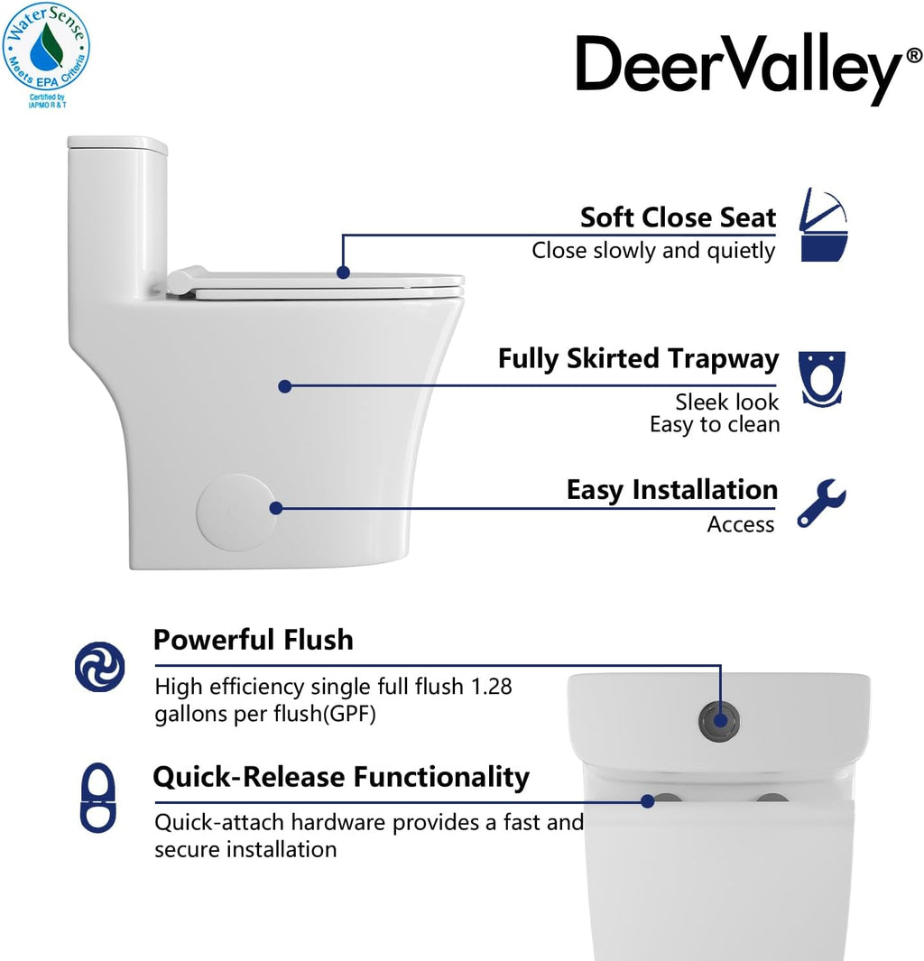 DeerValley Compact One Piece Toilet, Small Toilet for Bathroom with Comfort Wider Chair Seat, Modern Toilets Powerful Flush Tall Hight 12'' Rough-In Toilet White 23.6'D x 15.7'W x 26'H