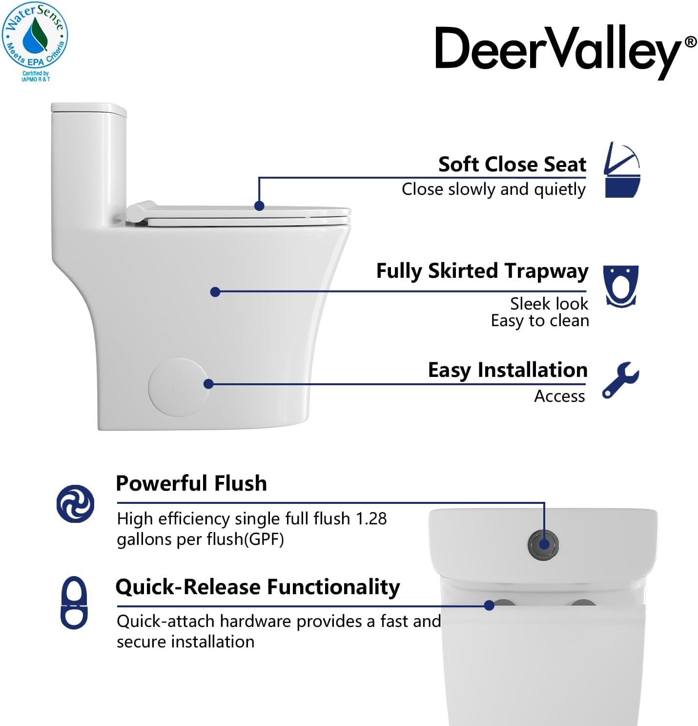 DeerValley Compact One Piece Toilet, Small Toilet for Bathroom with Comfort Wider Chair Seat, Modern Toilets Powerful Flush Tall Hight 12'' Rough-In Toilet White 23.6'D x 15.7'W x 26'H