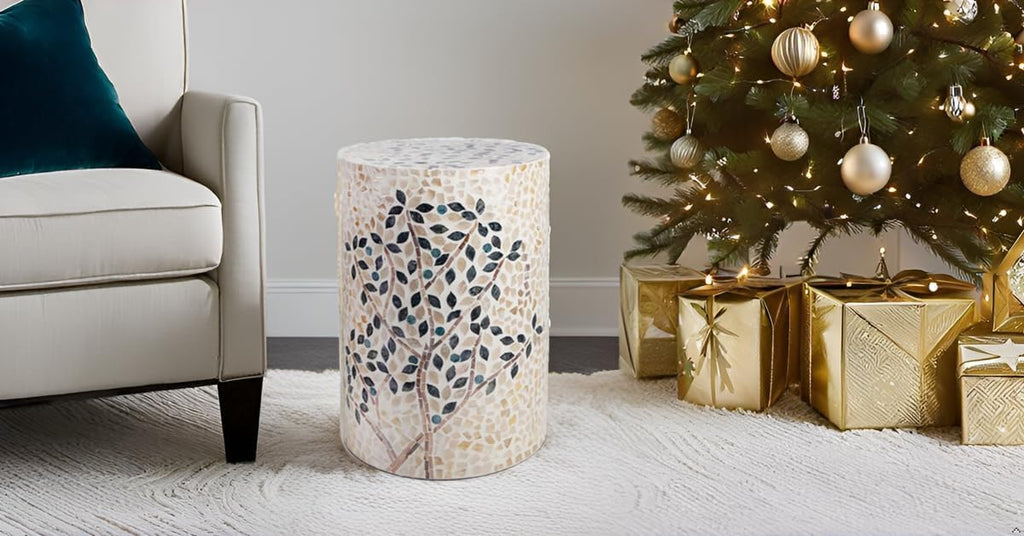 PEMAR Mother of Pearl Cylinder Drum End Table Nacre Side Stool Round Accent Table Coffee Bedside Nightstand and Vanity Stool Olive Tree 13' Diameter x 19.3' High