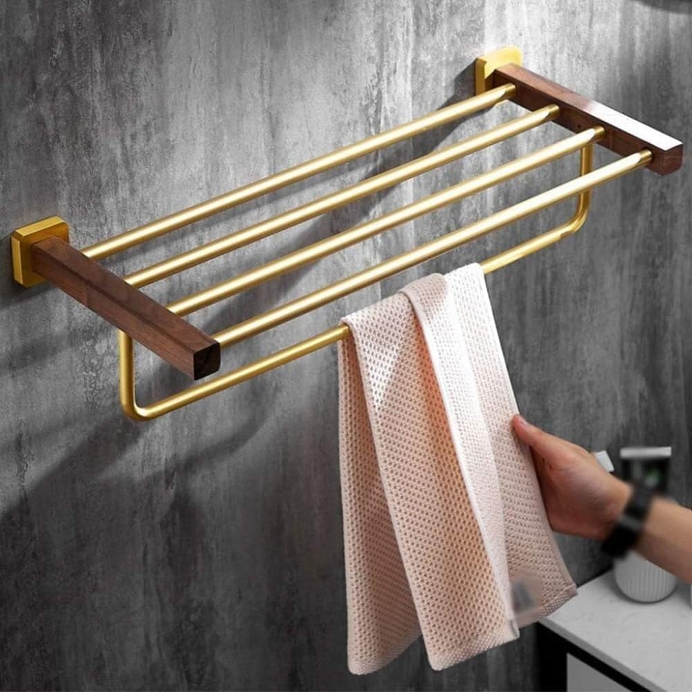 Nordic Style Floating Shelf with Towel Bar, Black Walnut & Gold Wall Decoration, Multi-Purpose Wall Hanging Storage - 60x23cm