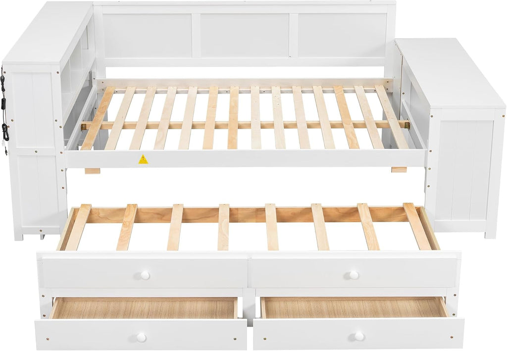 Merax Corner Full Bed Frame with Desk and Led Lights,Wood Platform Bed Frame with Trundle and 2 Drawers,Full Size Daybed with Storage and Charging Station for Living Room,Bedroom,Guest Room,White