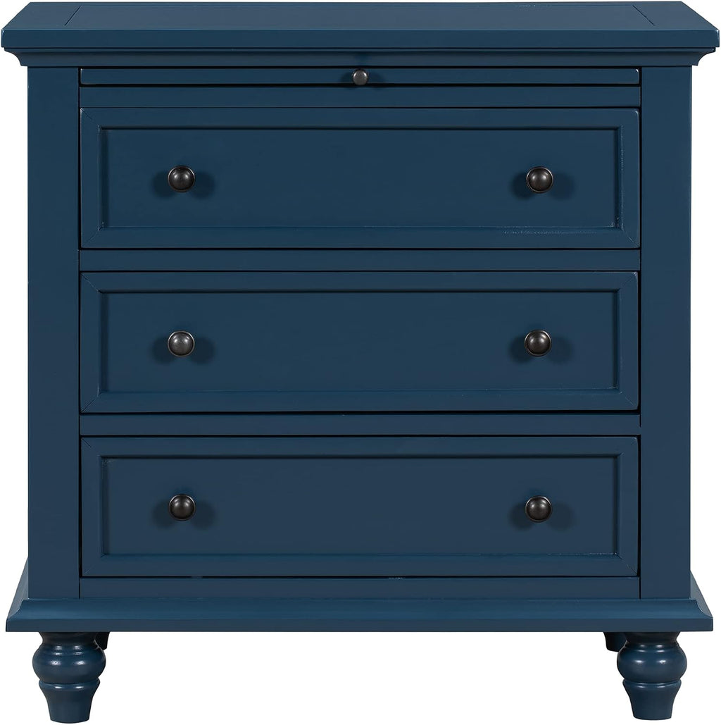 Farmhouse Wood Nightstand with 3 Storage Drawers, Bedside Table End Table with Pull Out Tray, Modern Wooden Side Table Dresser for Bedroom Hallway Living Room (Blue)