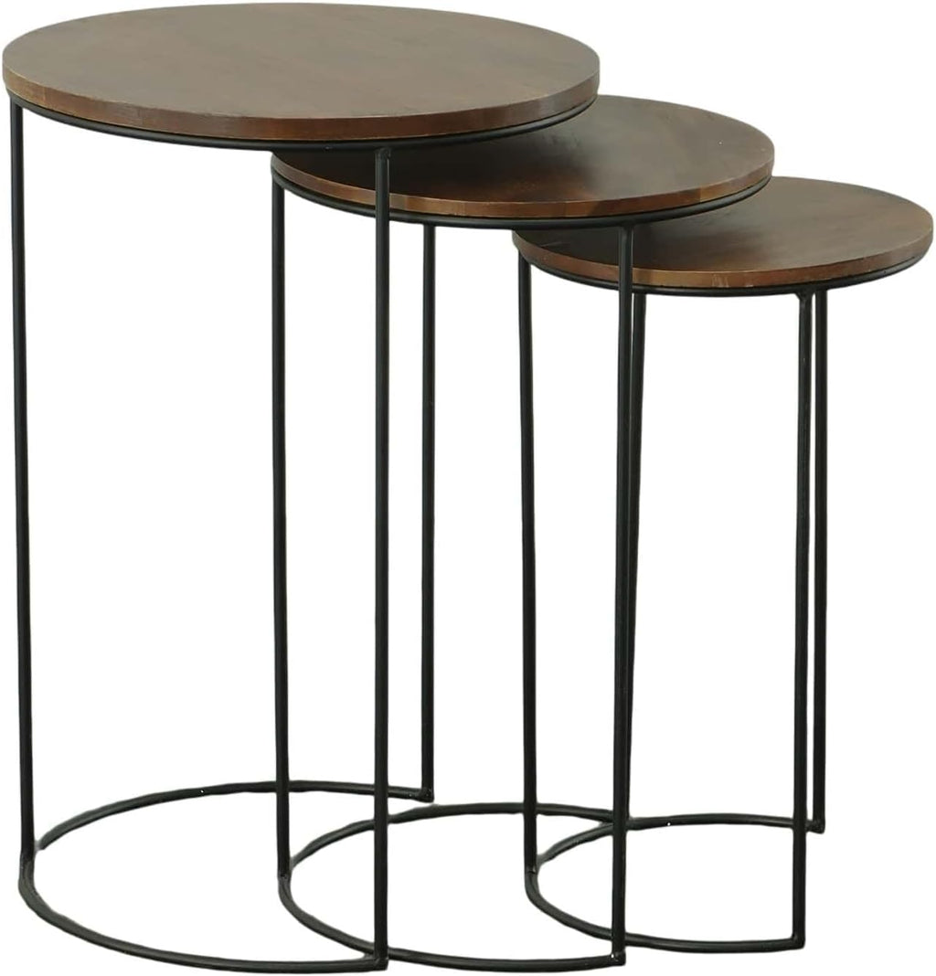 Carolina Chair & Table Astra Round Nesting 3-Piece Tables Set - Modern Powder Coated Black Metal Frames with Stained Wood Tops - Space Saving Accent Furniture for Living Room, Bedroom (Chestnut/Black)