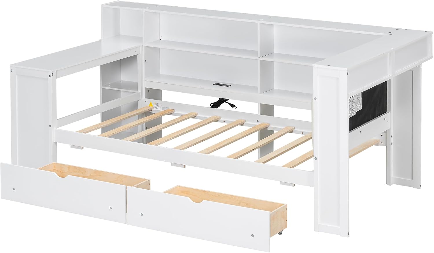 LUMISOL Twin Size Daybed with Storage Bookcase and Upholstered Headboard, Wood L Shaped Corner Day Bed Frame with Desk, Drawers, LED Light & USB Ports, Space-Saving, White
