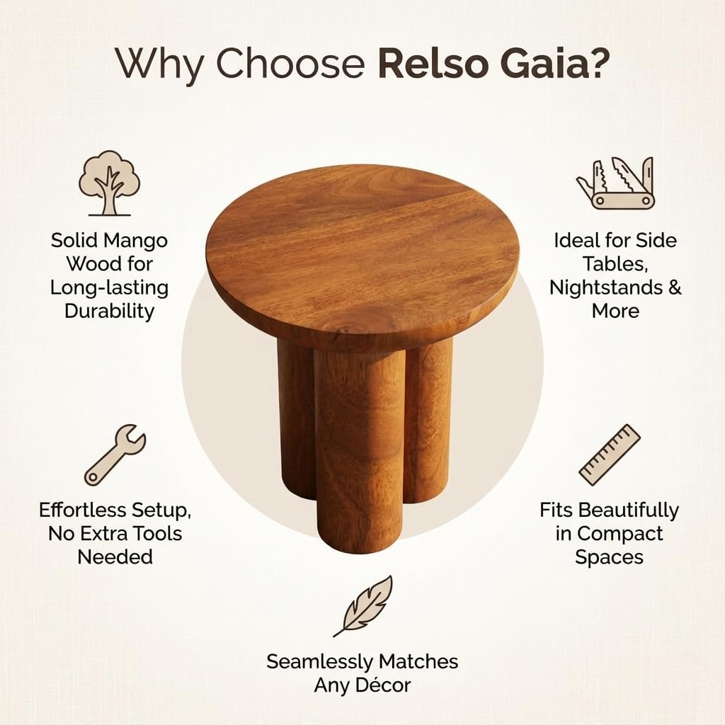 Relso Gaia Round End Table for Living Room and Farmhouse | Solid Mango Wood for Rustic Elegance | Ideal for Side Tables, Nightstands & More | Wood Side Table Round for Bedroom (Walnut)