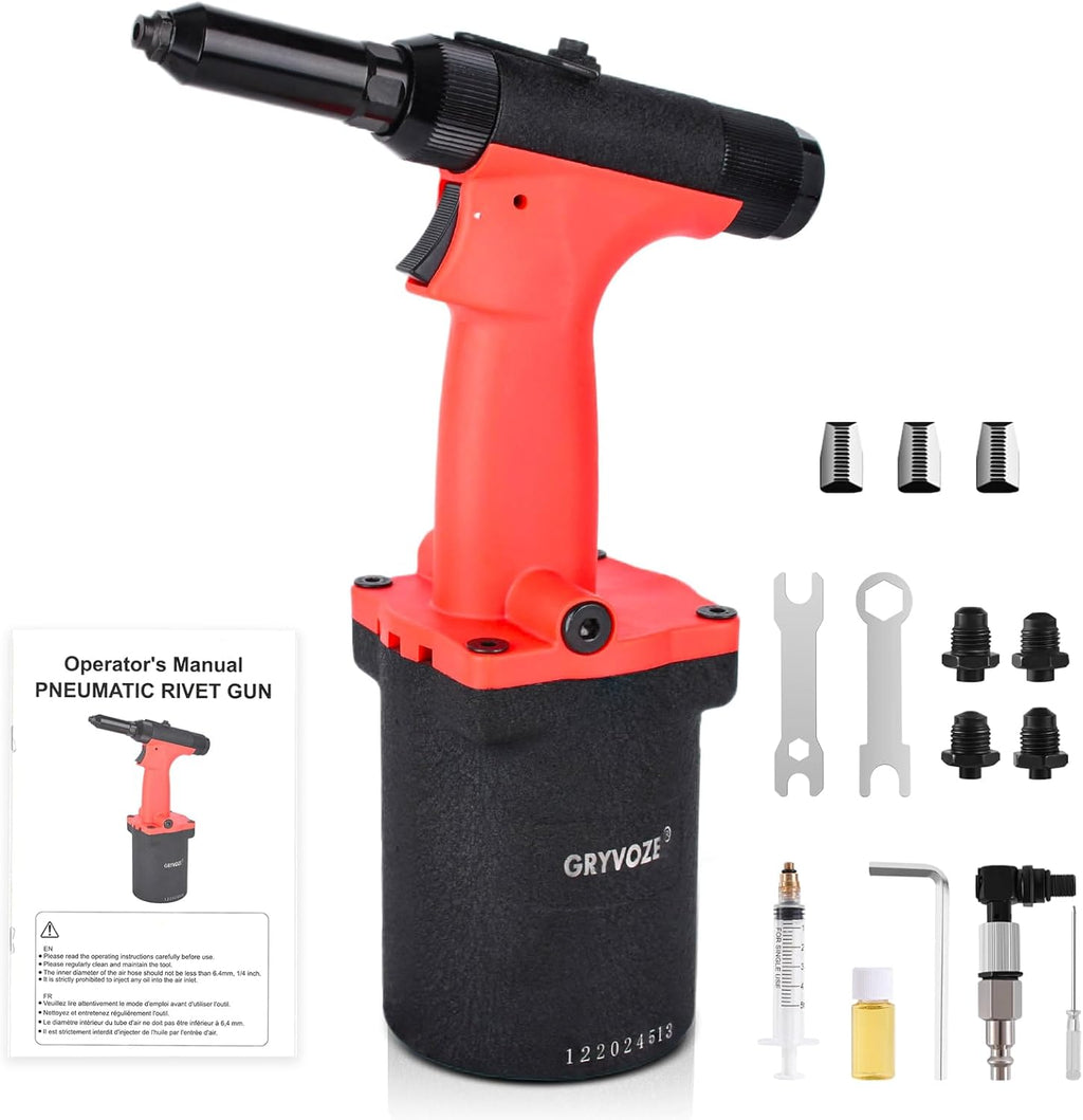 Pneumatic Rivet Gun Air Pop Riveter Tool Kit with 1/8', 5/32', 3/16', 1/4' Rivet Nozzles, Pneumatic Riveting Gun, Upgraded Air Riveter Hydraulic Pop Riveting Rivets Tool, No-Self-Suction