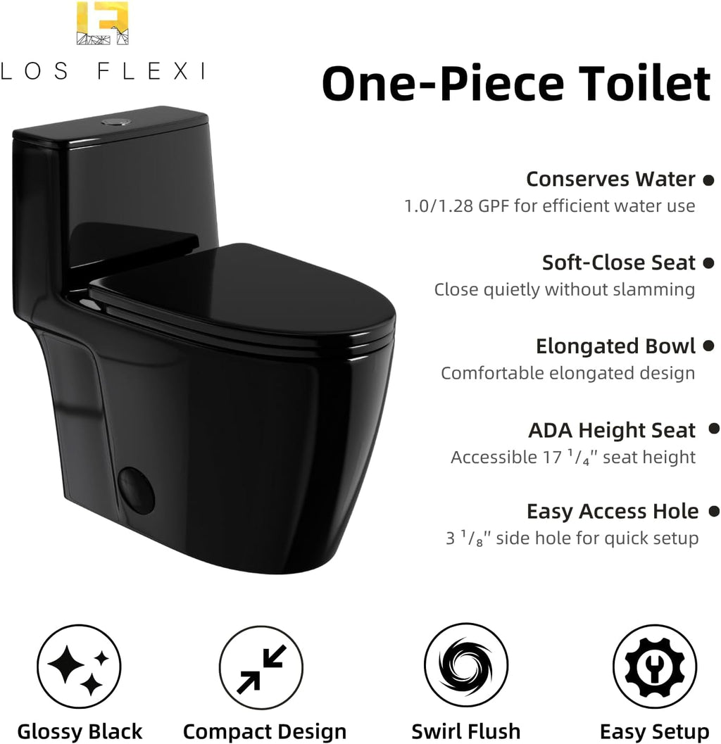 Black Toilet with Rimless Swirl Flush, Los Flexi 17.3' ADA Modern Elongated One Piece Toilets For Bathrooms, Dual Flush 1.0/1.28 GPF, Comfort Chair Height, Soft-Close Black Toilet Seat & 12' Rough-In