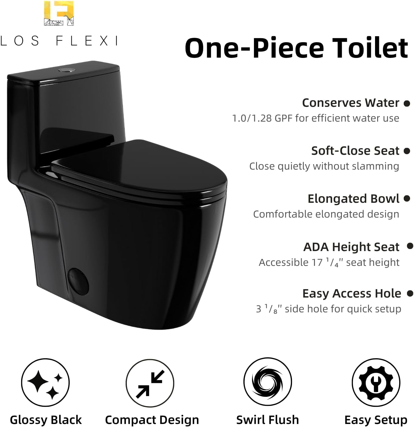 Black Toilet with Rimless Swirl Flush, Los Flexi 17.3' ADA Modern Elongated One Piece Toilets For Bathrooms, Dual Flush 1.0/1.28 GPF, Comfort Chair Height, Soft-Close Black Toilet Seat & 12' Rough-In