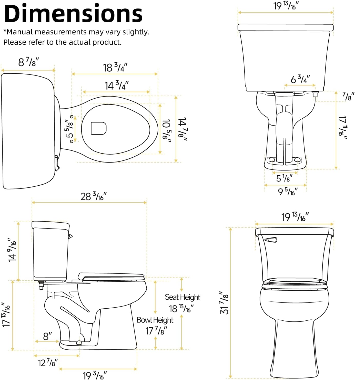 Pressure Assisted Toilet with 18.8' Comfort Tall Height, Los Flexi Two Piece Toilet With Powerful Flush, ADA & Elongated Bowl, 1.0 GPF Water Saving Siphon Flush, 12' Rough-In & Easy Installation