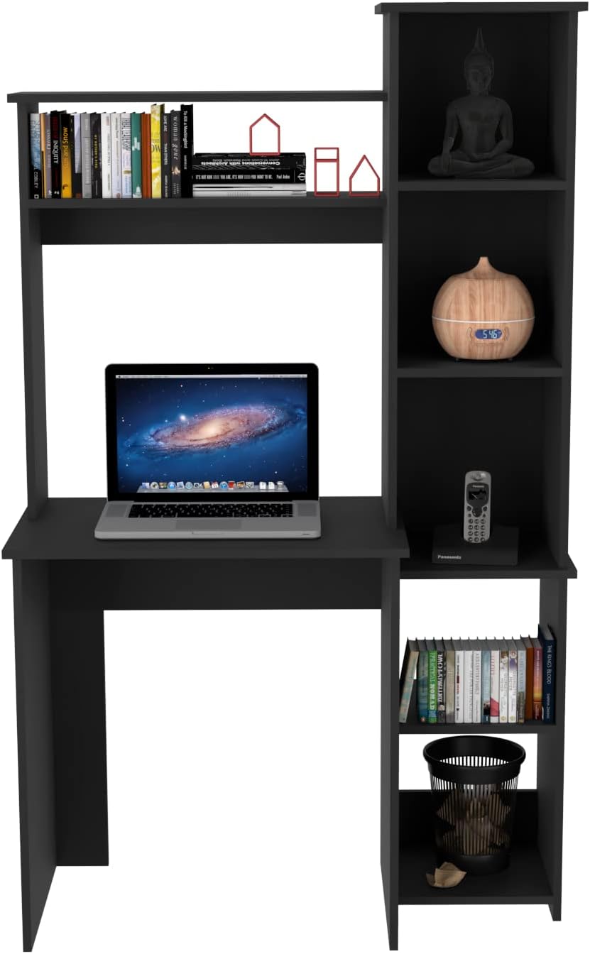 Tuhome Versalles Writing Desk with Two Superior Shelves, Five Side Open Storage Compartments, Space-Saving Modern Workstation Design for Studios and Offices, Ideal for Organization, Books
