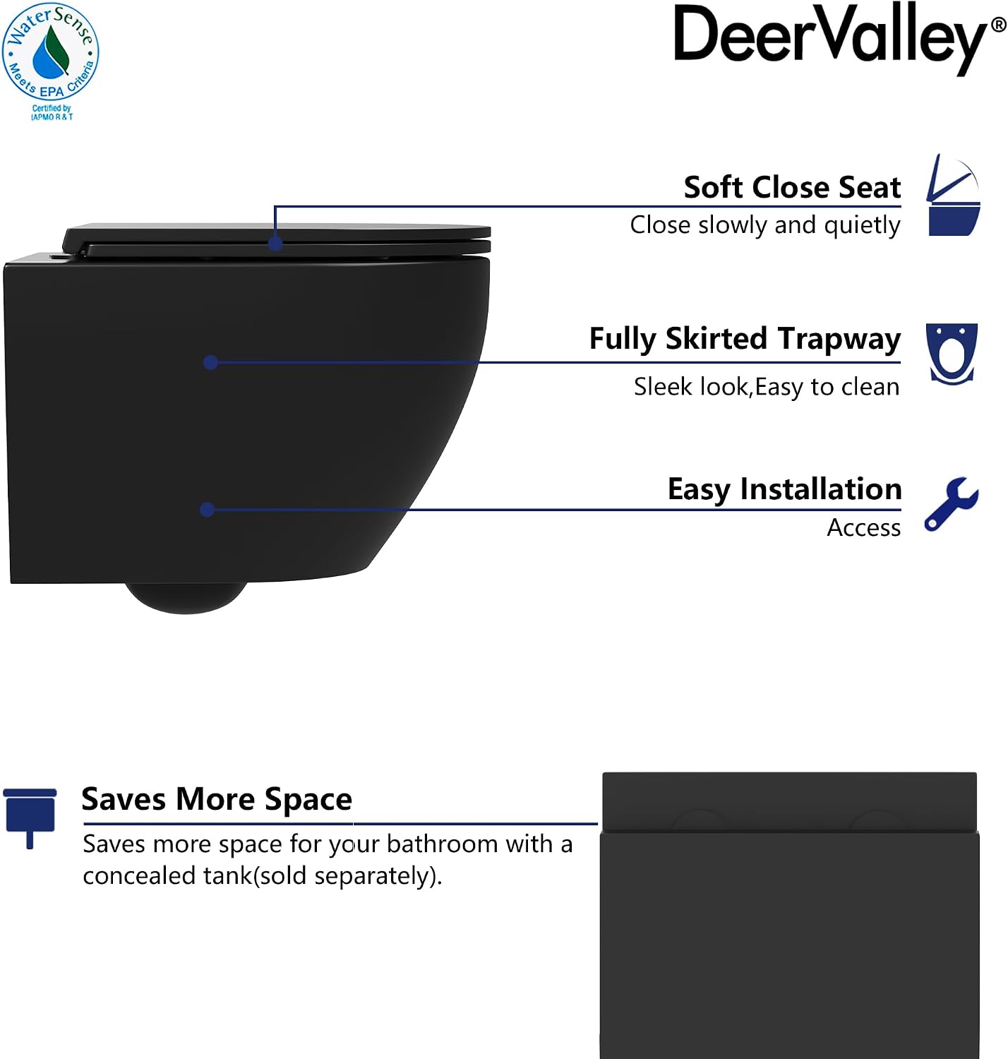 DeerValley In-Wall Toilet Combo Set and Carrier System, Wall Hung Toilet with Tank, Wall Mounted Toilet with Soft Closing Seat, 1.1GPF/1.6 GPF Dual Flush, Black (2 Packages Separately)