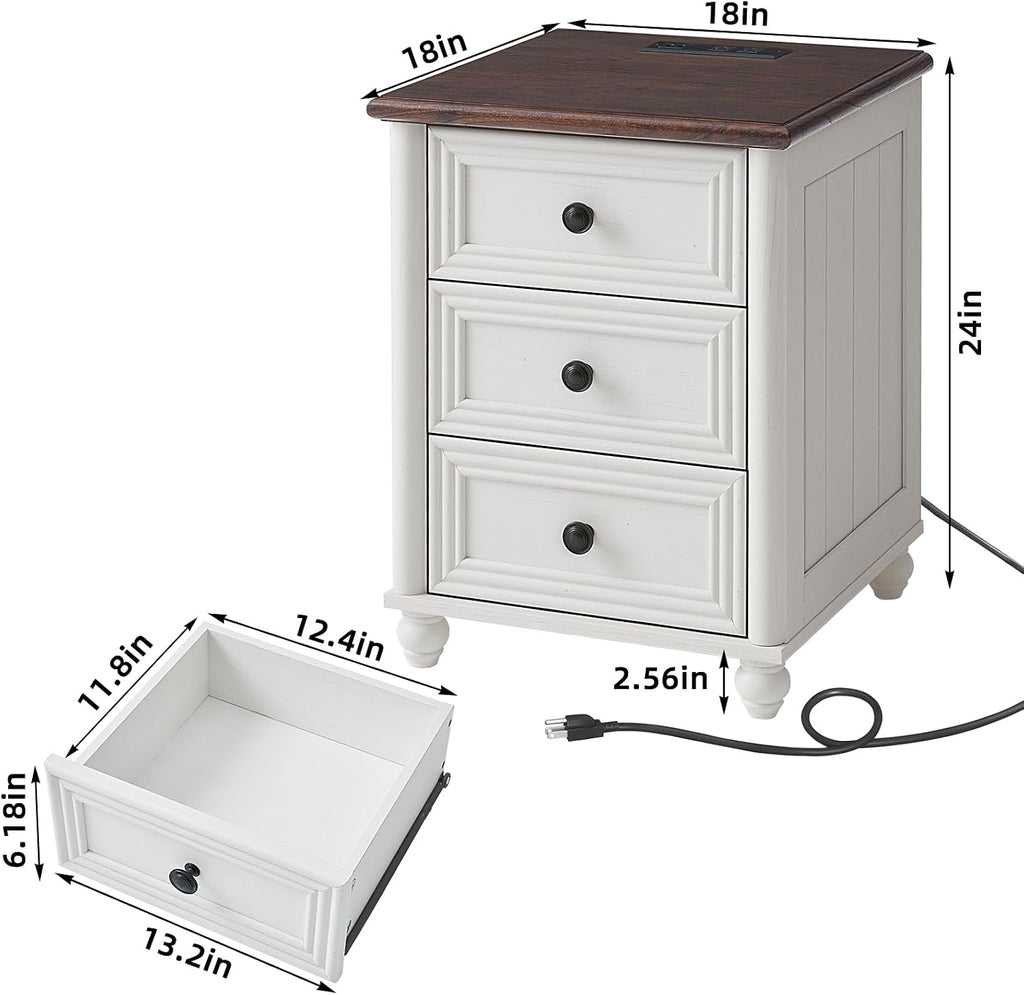 RWYHG 18' Farmhouse Nightstand with Charging Station and USB Port, White Night Stand with 3 Drawers, Wood Bedside End Table with Storage, Bed Side Tables for Bedroom Living Room and Closet
