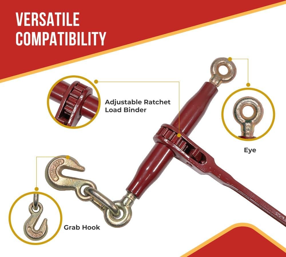 Mytee Products 4 Pack 5/16'-3/8' Heavy Duty Ratchet Lever Load Binder w/Grab Hooks and Eye 7100 Lbs Working Load Limit - Red | Tie Down Hauling Chain Binders for Flatbed Truck Trailer