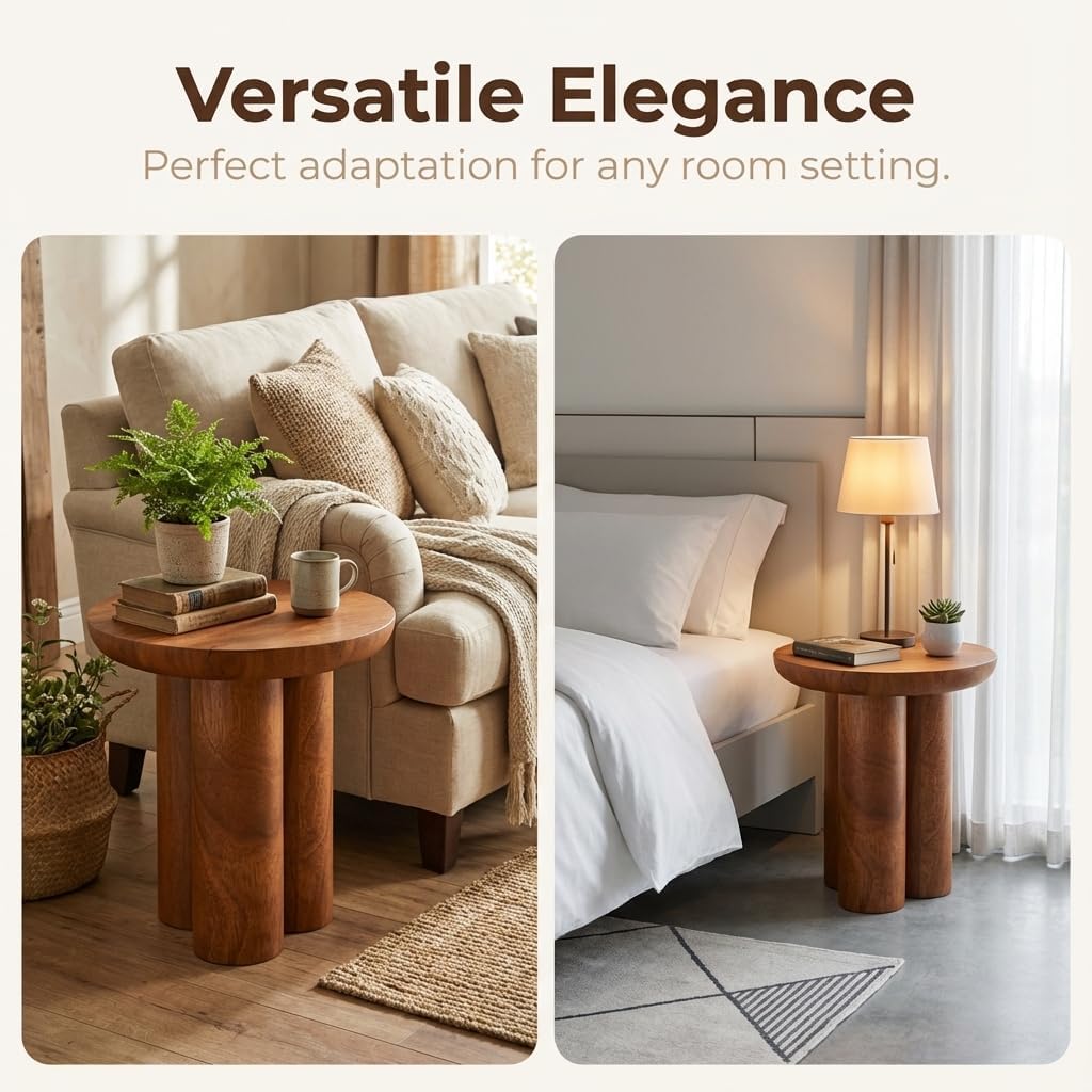 Relso Gaia Round End Table for Living Room and Farmhouse | Solid Mango Wood for Rustic Elegance | Ideal for Side Tables, Nightstands & More | Wood Side Table Round for Bedroom (Walnut)