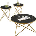 HLR Modern Round Coffee Table and Side Table Set of 3,End Table with Faux Marble Top and Gold Metal Frame, Side Table for Living Room, Bedroom, Sofa and Couch, Gold Legs, Black Marble Top